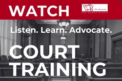 [ai] A courtroom scene with wooden benches and a large emblem at the front. Bold text states 'WATCH COURT TRAINING' along with 'Listen. Learn. Advocate.' at the top. The background is primarily in shades of gray.